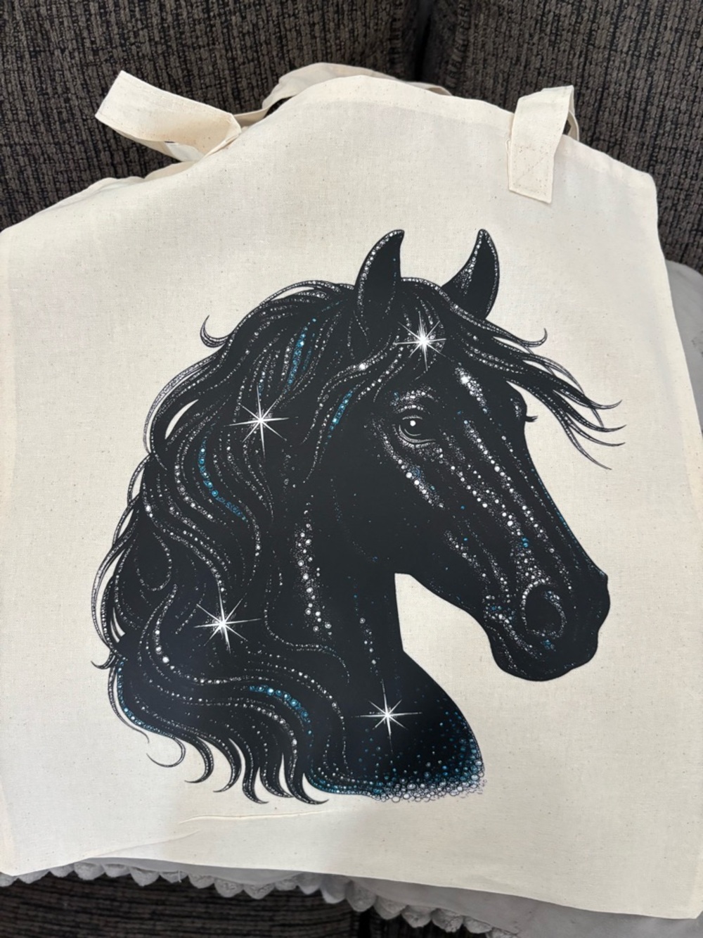 Canvas Tote with Sparkling Black Horse Graphic
